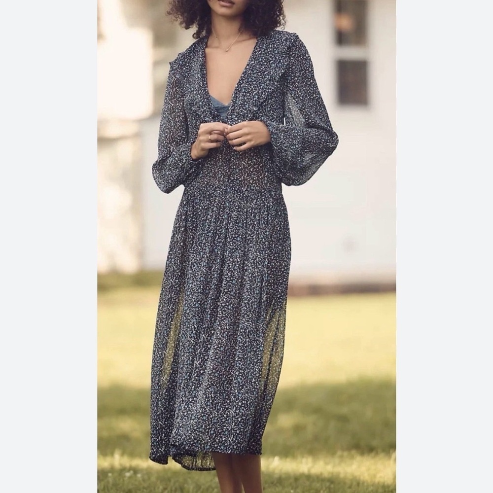 Anthropologie Long sleeve Sheer Mid Dress Women’s Medium Blue Floral Cottagecore